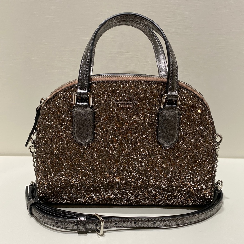 KATE SPADE “Laurel Way Mini Riley” Gun Metal Glitter Satchel/ Crossbody Bag